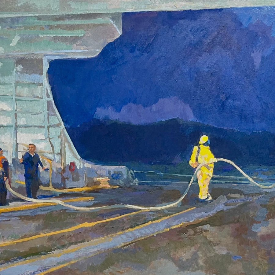 FILLNG A TESLA, Peter Malarkey, oil on linen, 26 x 46 inches, copyright ©2024