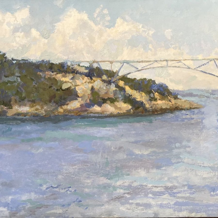 DECEPTION PASS BRIDGES, Peter Malarkey, oil on linen, 15 x 30 inches, copyright ©2024